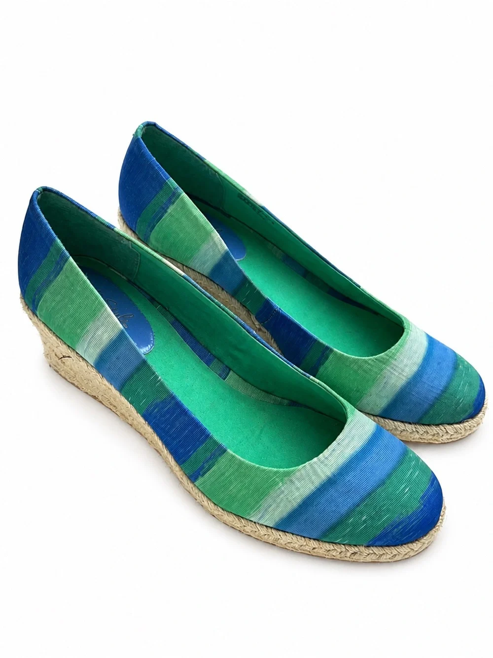 Soft Style Hush Puppies Feri Espadrille Pumps Women’s 10 Blue Jade Stripe